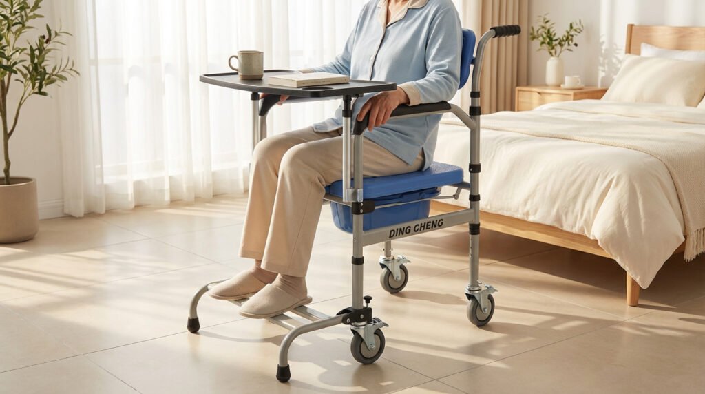 Elderly care equipment showing wear and structural stress after extended daily use in nursing home environments
