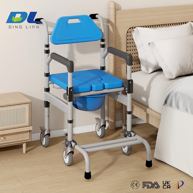 DL-6025T commode chair with wheels being used as bedside toilet by elderly person