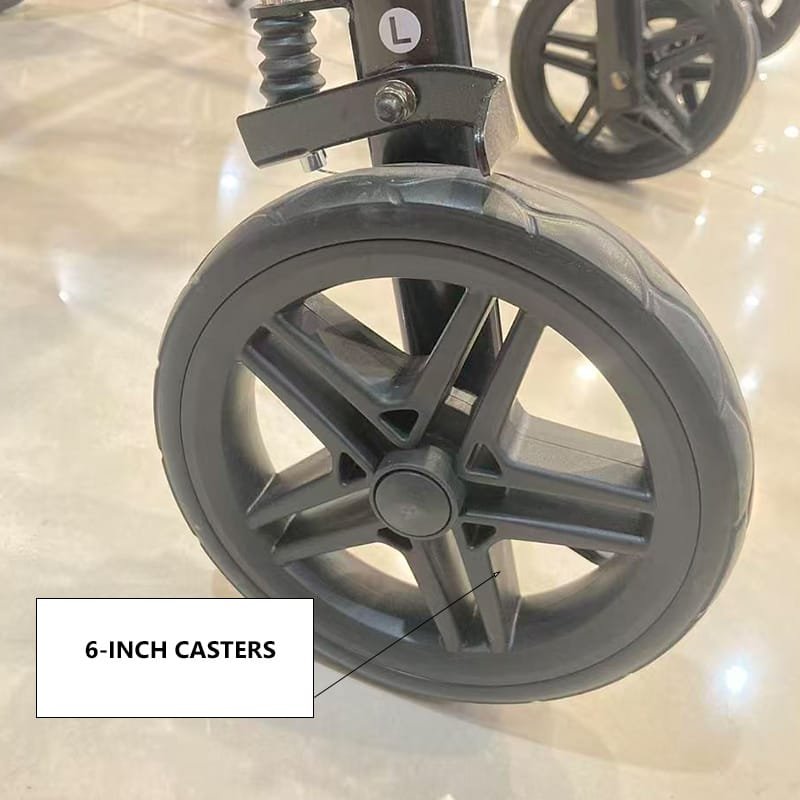 7077D rollator with 6 inch wheels designed for smooth movement across indoor and outdoor surfaces