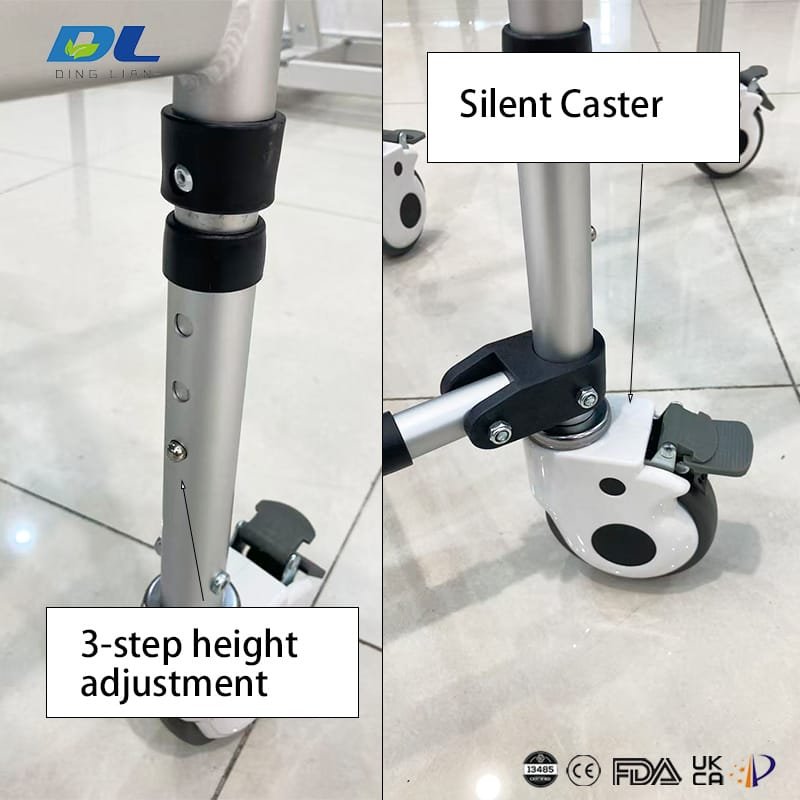 Close-up of casters on DL-6025 wheeled commode chair showing smooth rolling and locking function