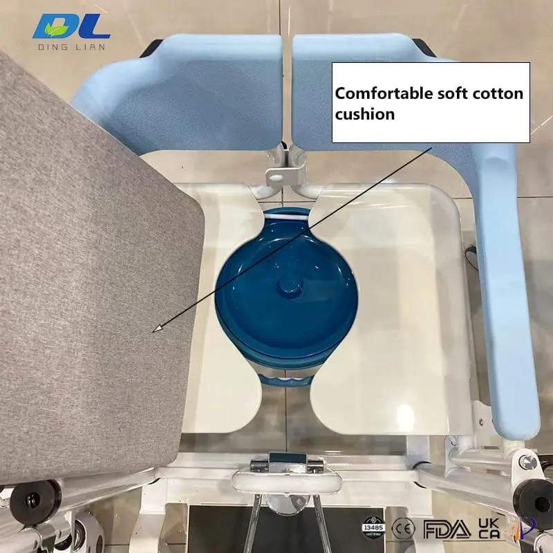 Soft cotton cushion seat on DL WGYW03 hydraulic wheelchair for patient comfort
