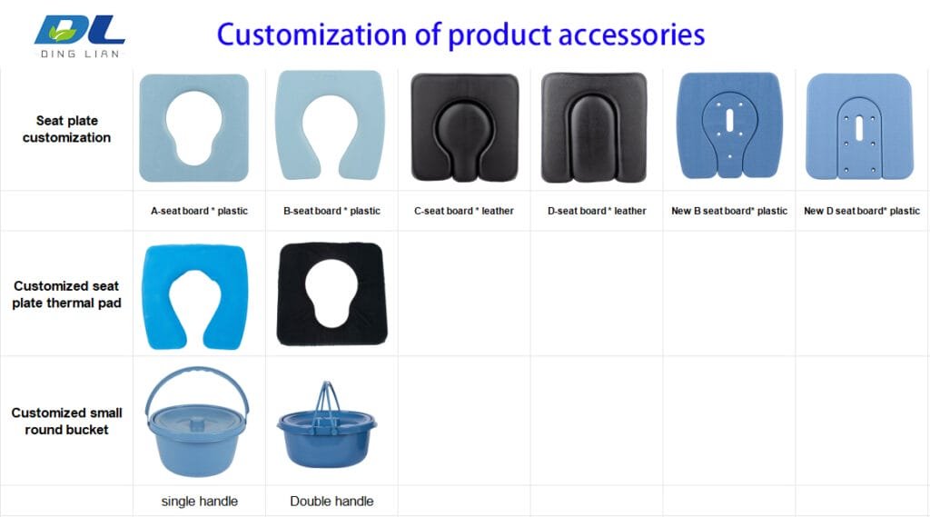 Customizable chair accessories including seat board, padded cushion, and removable bucket