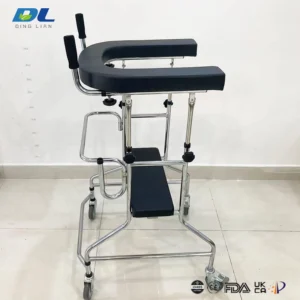 Side view of DL 2017 U shaped four wheel walker highlighting frame structure and walking clearance