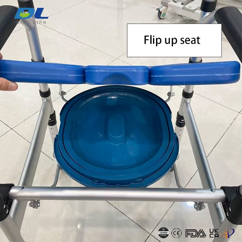 Flip-up seat structure of DL-6025 wheeled commode chair for easier cleaning and access