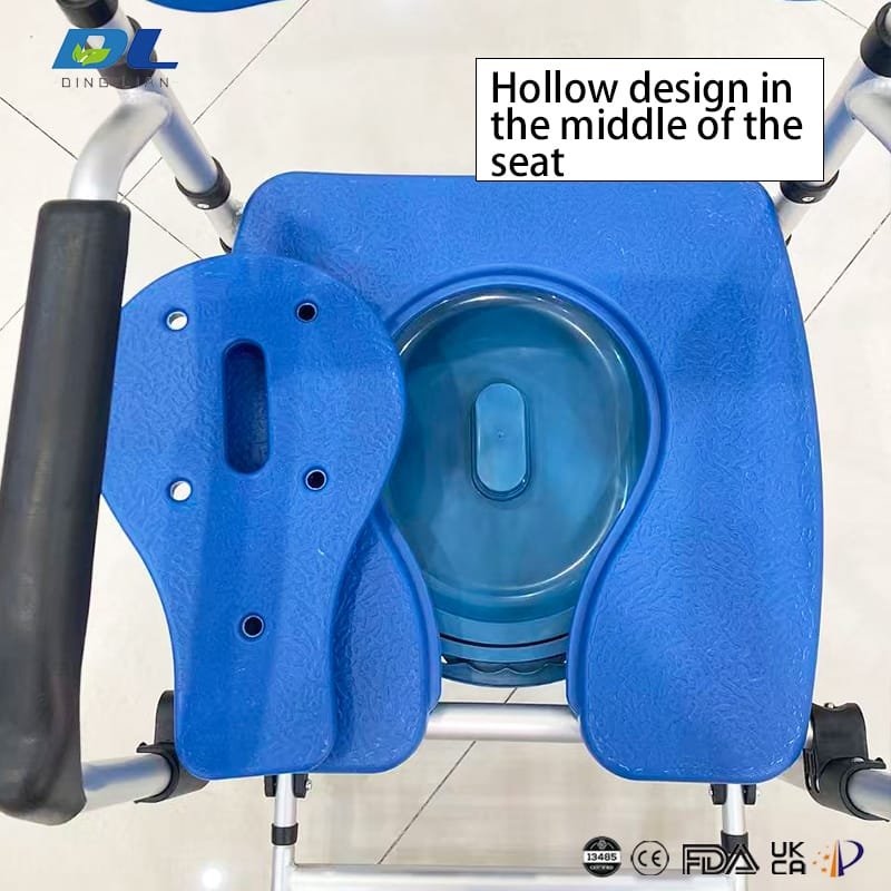 Hollow center seat design of DL-6025 commode chair for improved hygiene use