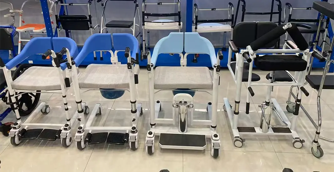 Patient transfer chair collection showing multiple models for hospital and home care use
