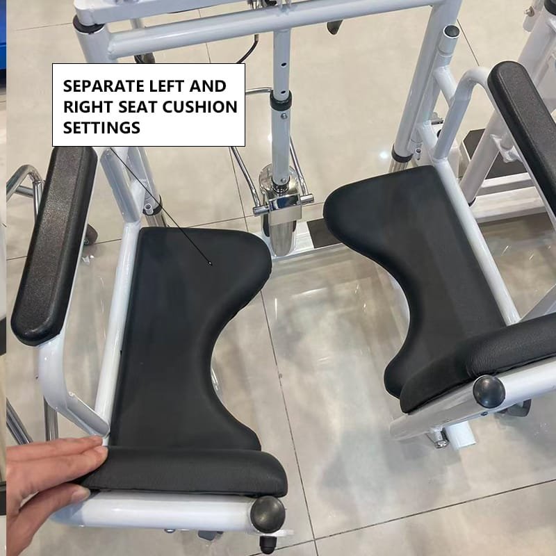 Separate left and right seat cushions on DL WGYW02 transfer chair designed for assisted patient seating