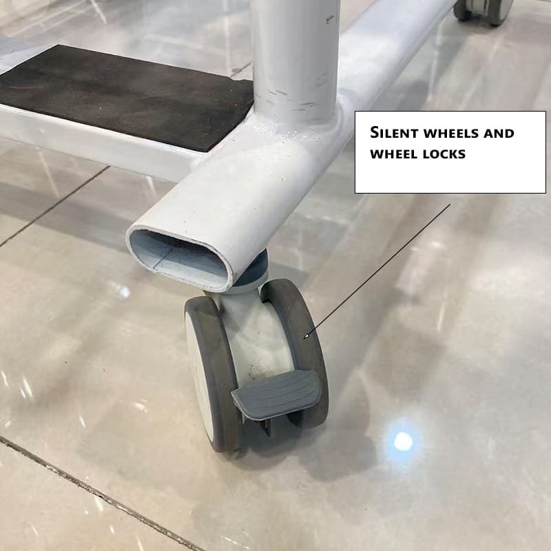 Silent wheels with locking system on DL WGYW02 patient transfer chair for controlled indoor movement