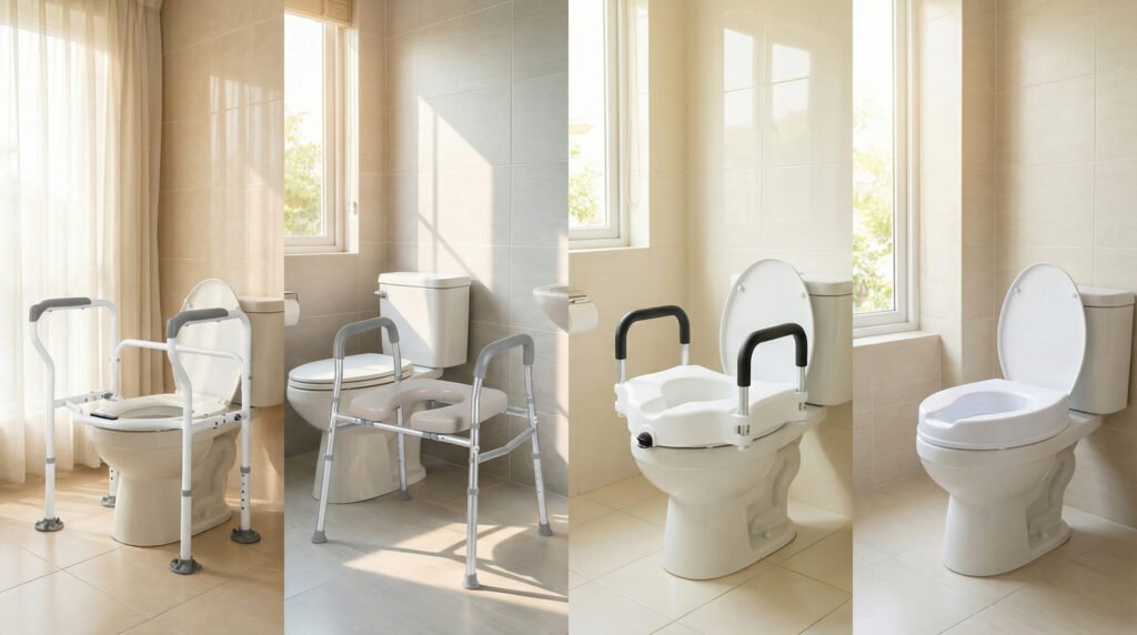 Group of different bathroom safety handrails and supports from Dinglian, featuring floor-based and frame-mounted designs.