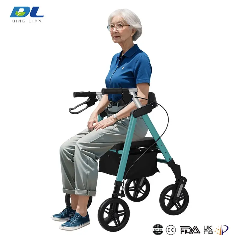 Elderly user comfortably seated on DL-7077D aluminum rollator, offering support and stability for mobility