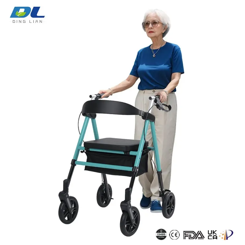 User comfortably seated on DL-7077D aluminum rollator, designed for ease of movement and support.