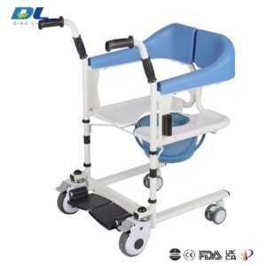 Full view of DL-WGYW03 patient transfer chair showing complete dimensions and mobility range