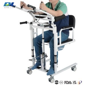Patient seated on lift transfer chair during assisted transfer in a care facility environment