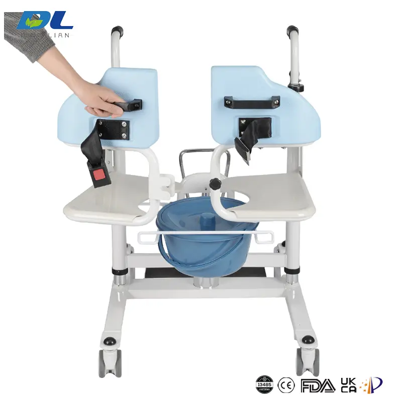 Side view of hydraulic wheelchair showing lift mechanism and footrest design for patient transfer safety