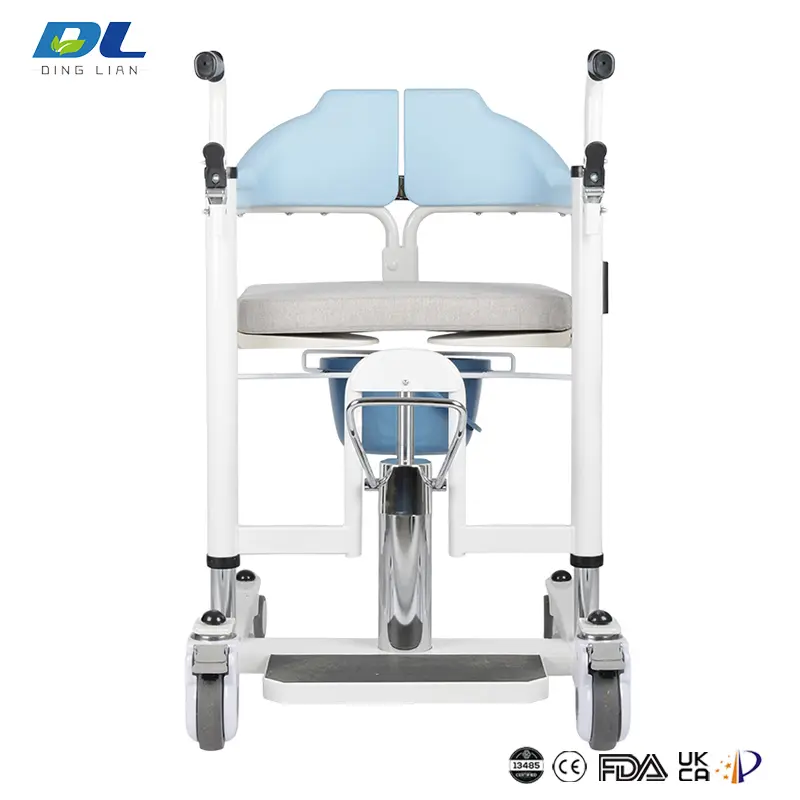 Top angle view of hydraulic wheelchair showing seat dimensions and armrest configuration