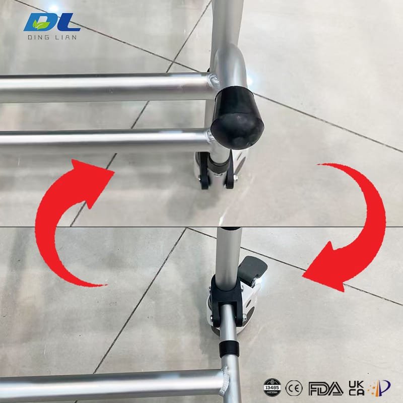 Foot pedal mechanism on DL-6025 commode chair used for assisted lifting and positioning