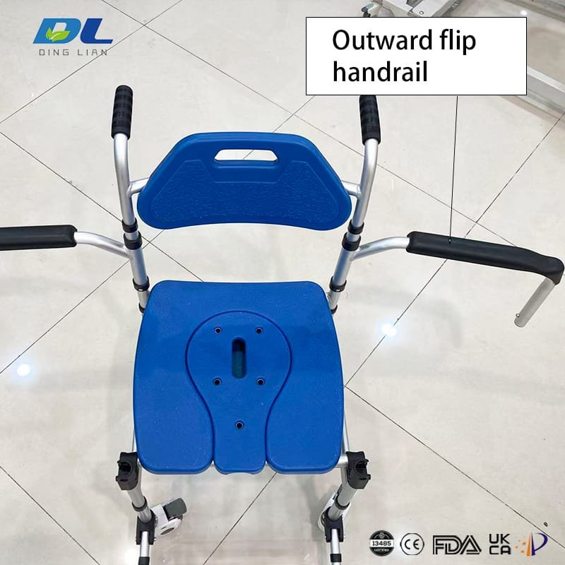 Outward flip handrail design on DL-6025 wheeled commode chair for easier side transfer