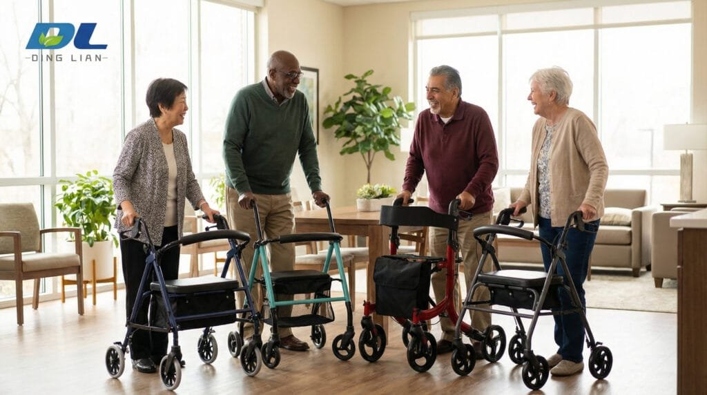 Assortment of Dinglian rollator walkers with seats and baskets, showing four-wheel models for active outdoor mobility.
