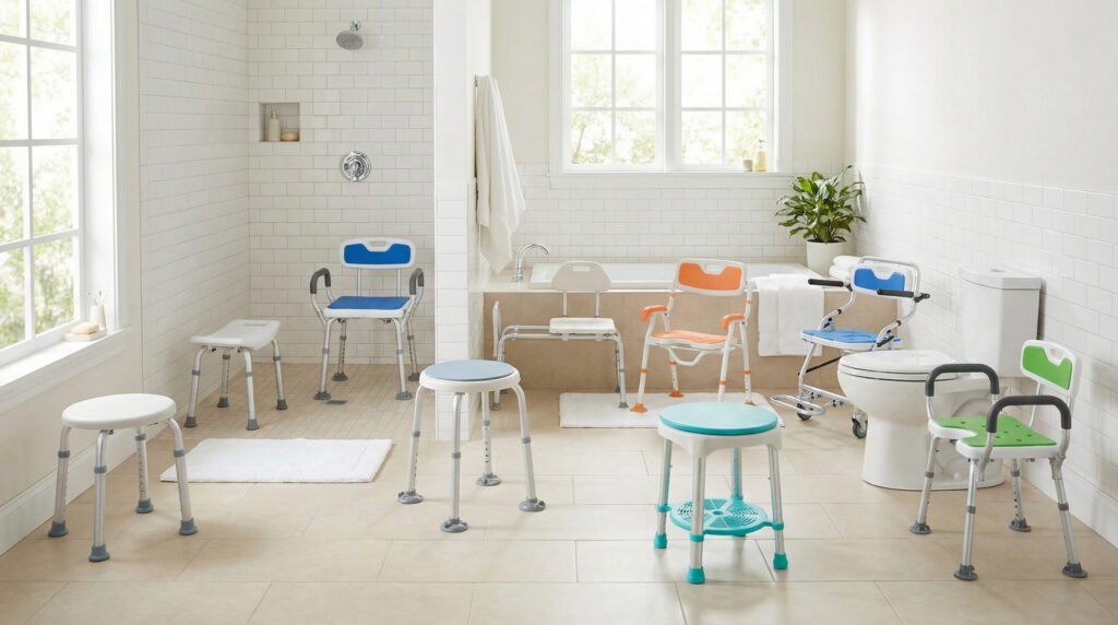 A curated display of various Dinglian shower chair models, showing options with and without backs, armrests, and adjustable heights.