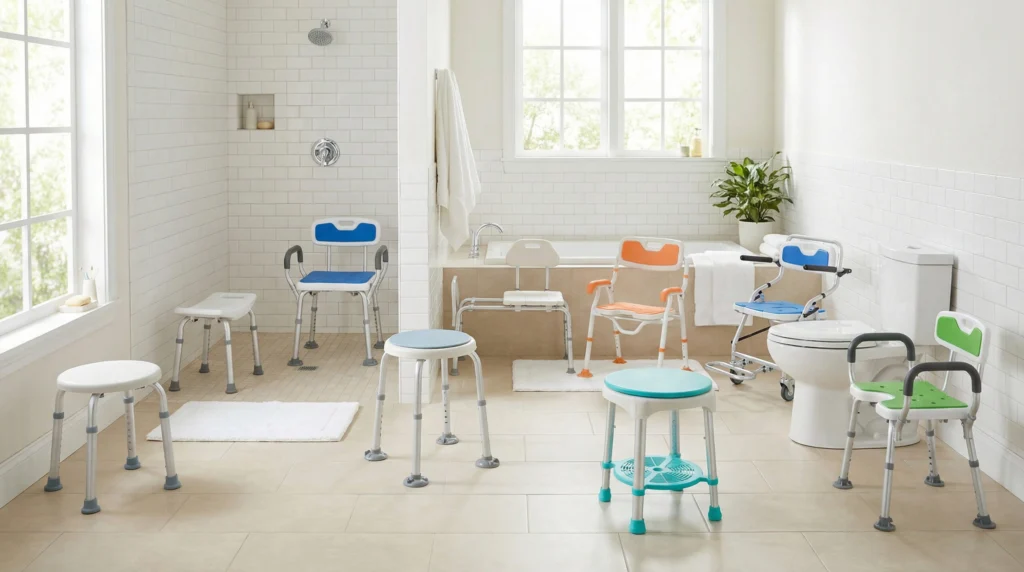 A curated display of various Dinglian shower chair models, showing options with and without backs, armrests, and adjustable heights.