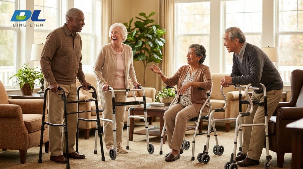 A selection of Dinglian walking aids including standard walkers and folding models, all designed for stable indoor support.