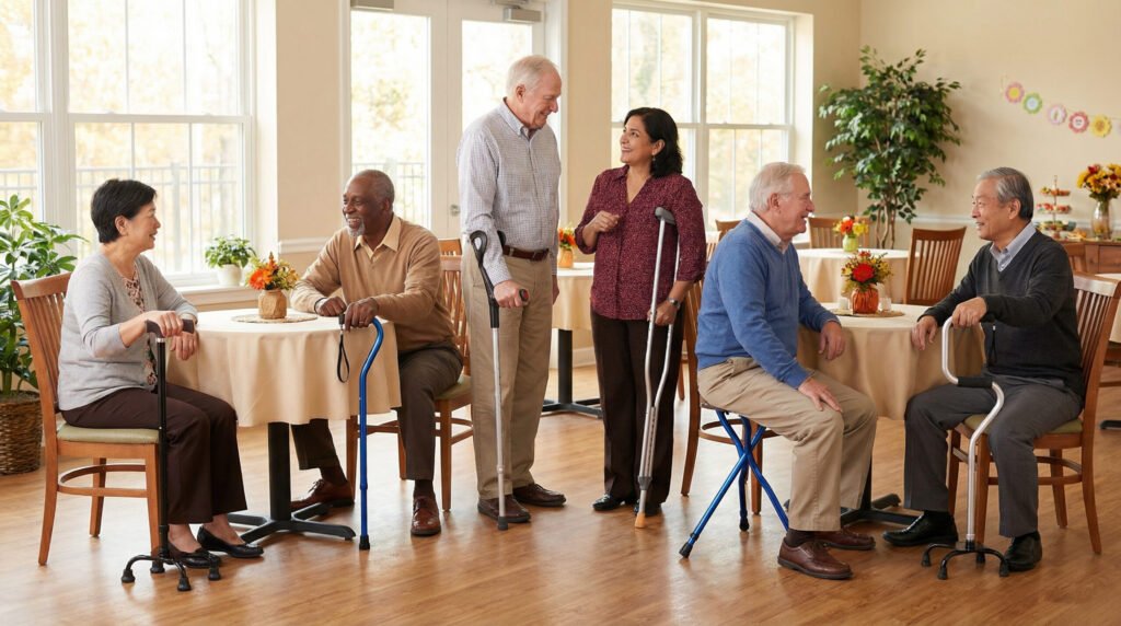 Collection image showing different walking cane designs used in daily mobility and rehabilitation care