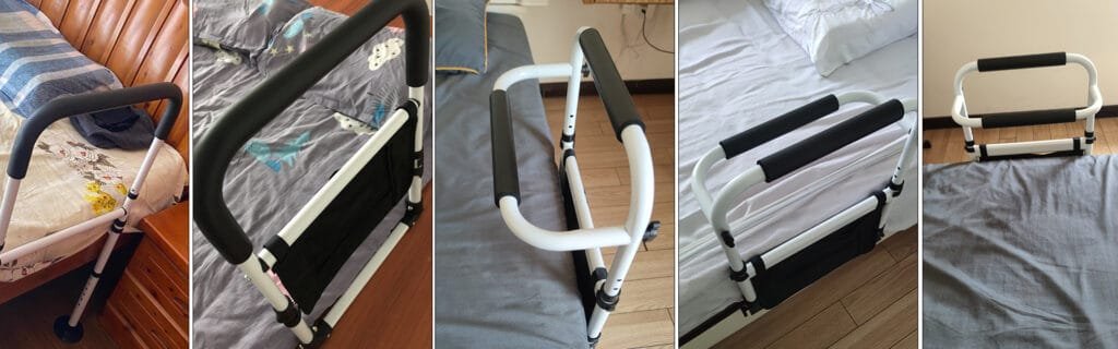Customer review photo showing bedside handrail installed and used next to a bed in a home care setting