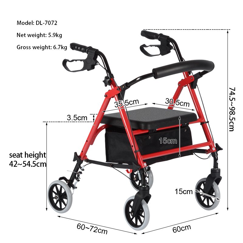 DL-7072 rolling walker size and dimension chart for mobility aid specification reference
